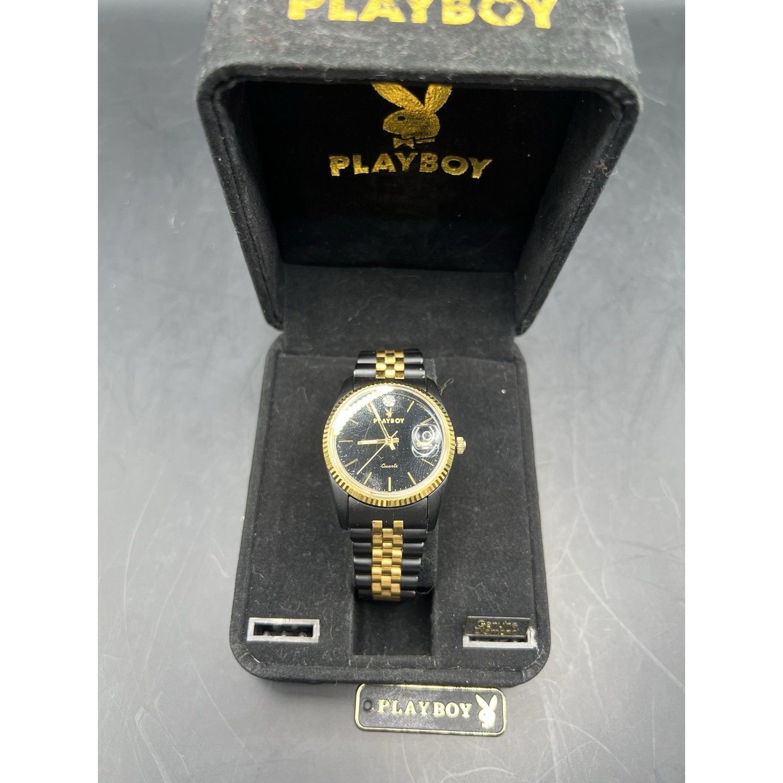 Playboy Quartz Black Gold Tone Watch Date With Original Box Running Condition